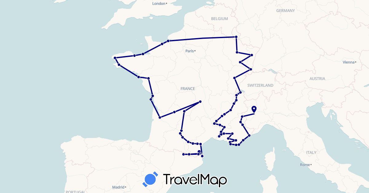 TravelMap itinerary: driving in Andorra, Switzerland, Spain, France, Italy, Luxembourg (Europe)